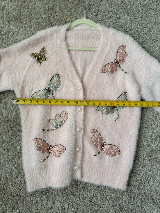 Hand Embroidered Sequin Pink Embellished Butterfly Fuzzy Cardigan Sweater NWOT - Picture 13 of 16